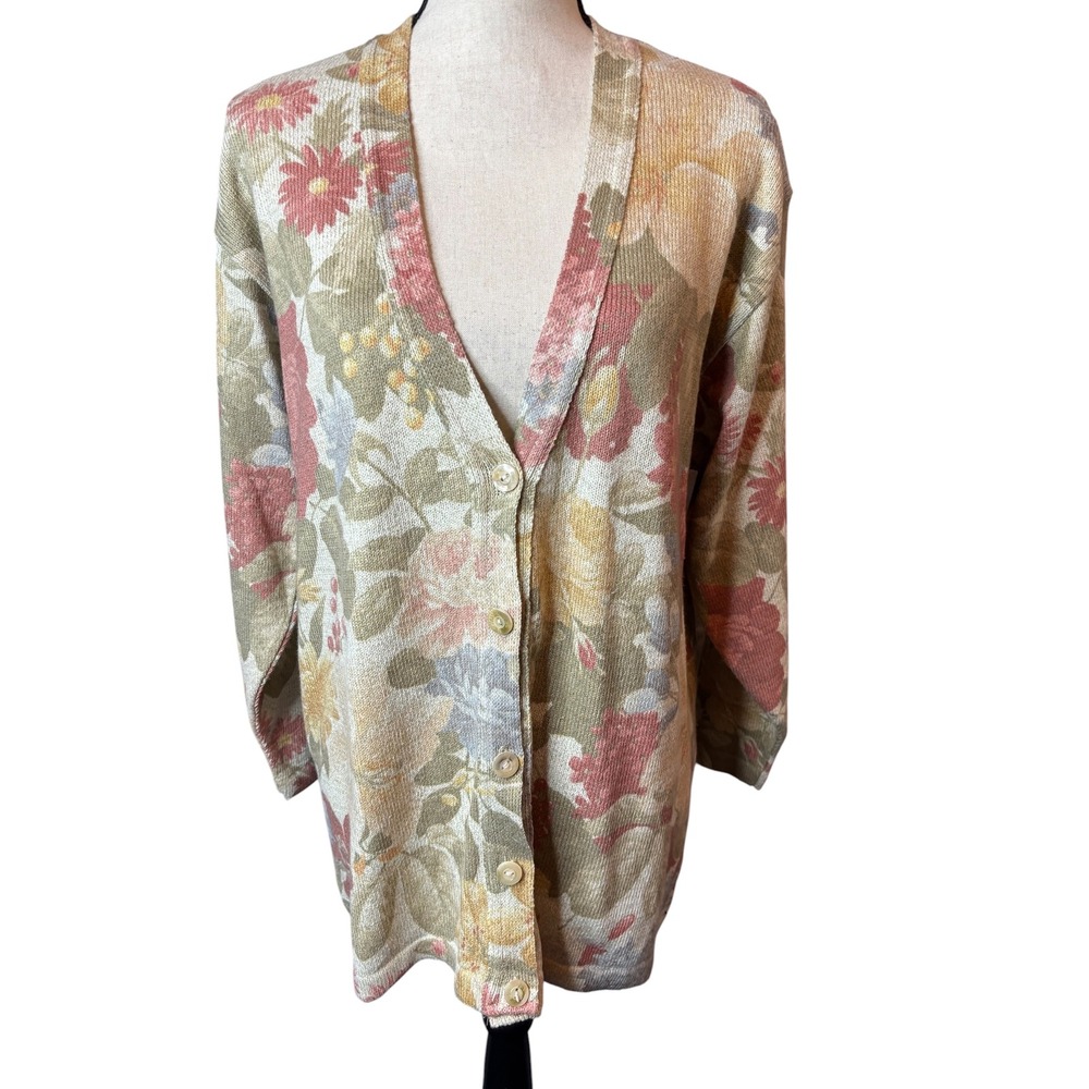 Gabriella T Italy Floral Cotton Linen Knit Cardigan Sweater Womens Large Multi